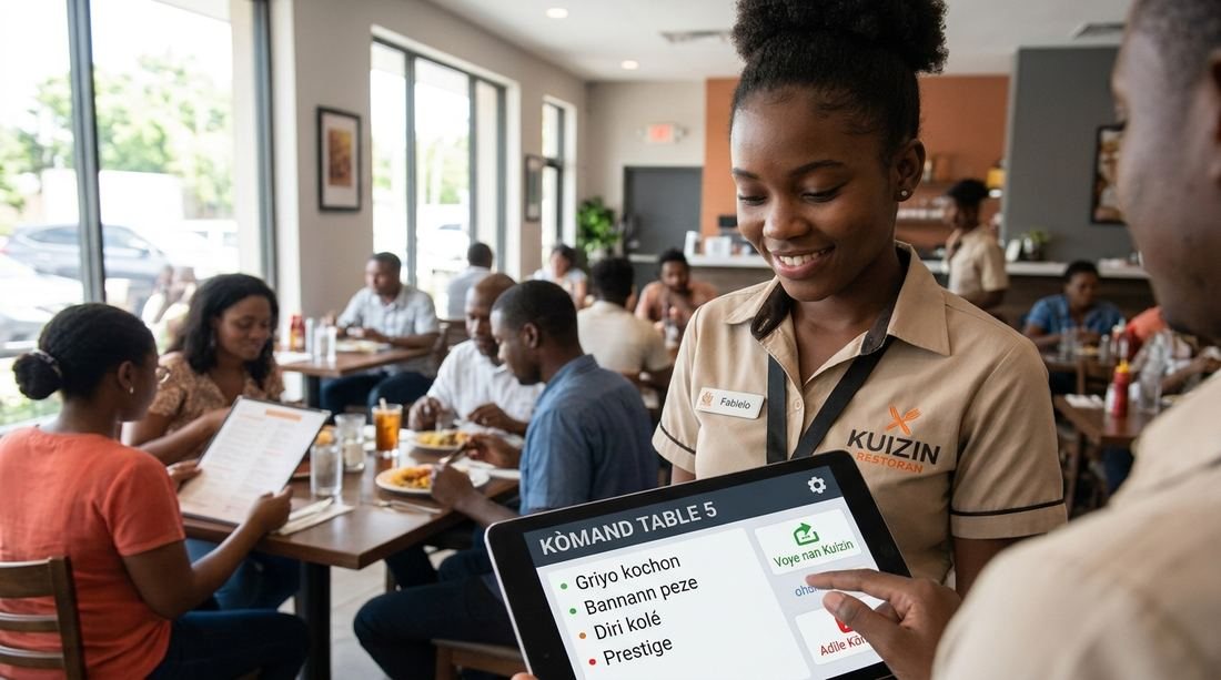 Yon serveuse k ap voye yon kòmand pou Table 5 dirèkteman nan kwizin lan sou tablet li